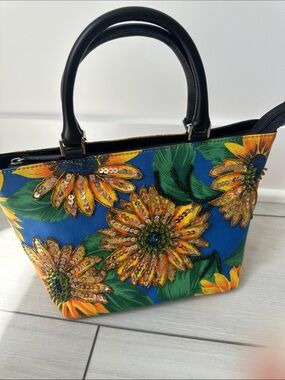 Floral Sequin Sunflower Tote Bag - Blue & Yellow